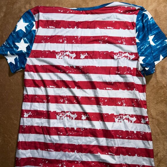 American Flag Women Large Crew Neck Print USA Star Stripe Short Sleeve Shirt (Q) - Picture 7 of 7
